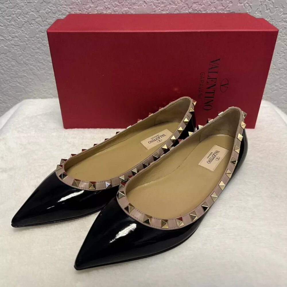 Valentino Noir Rockstud Caged Ballet Flats Black Leather Size 37.5, Pre-owned